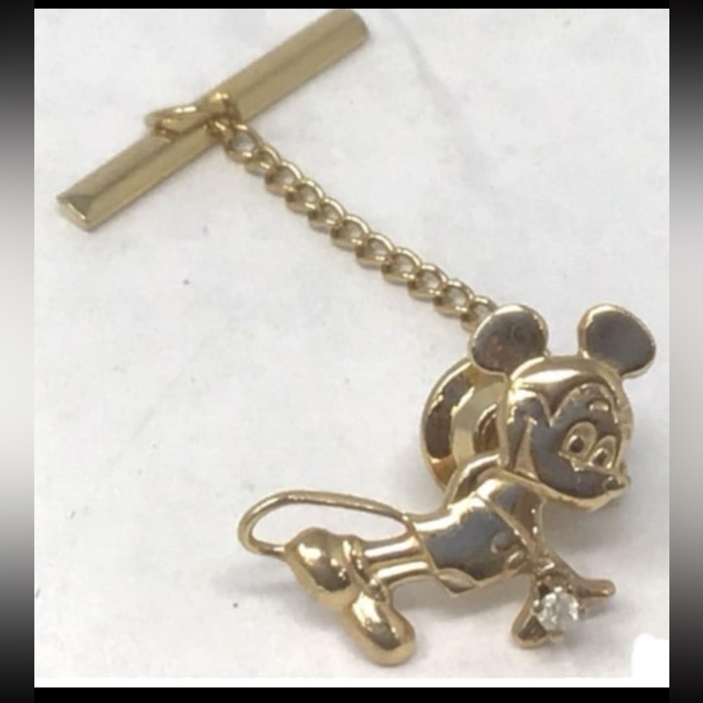 Vintage 14k Gold Disney Mickey Mouse Tie Clip w. White Sapphire